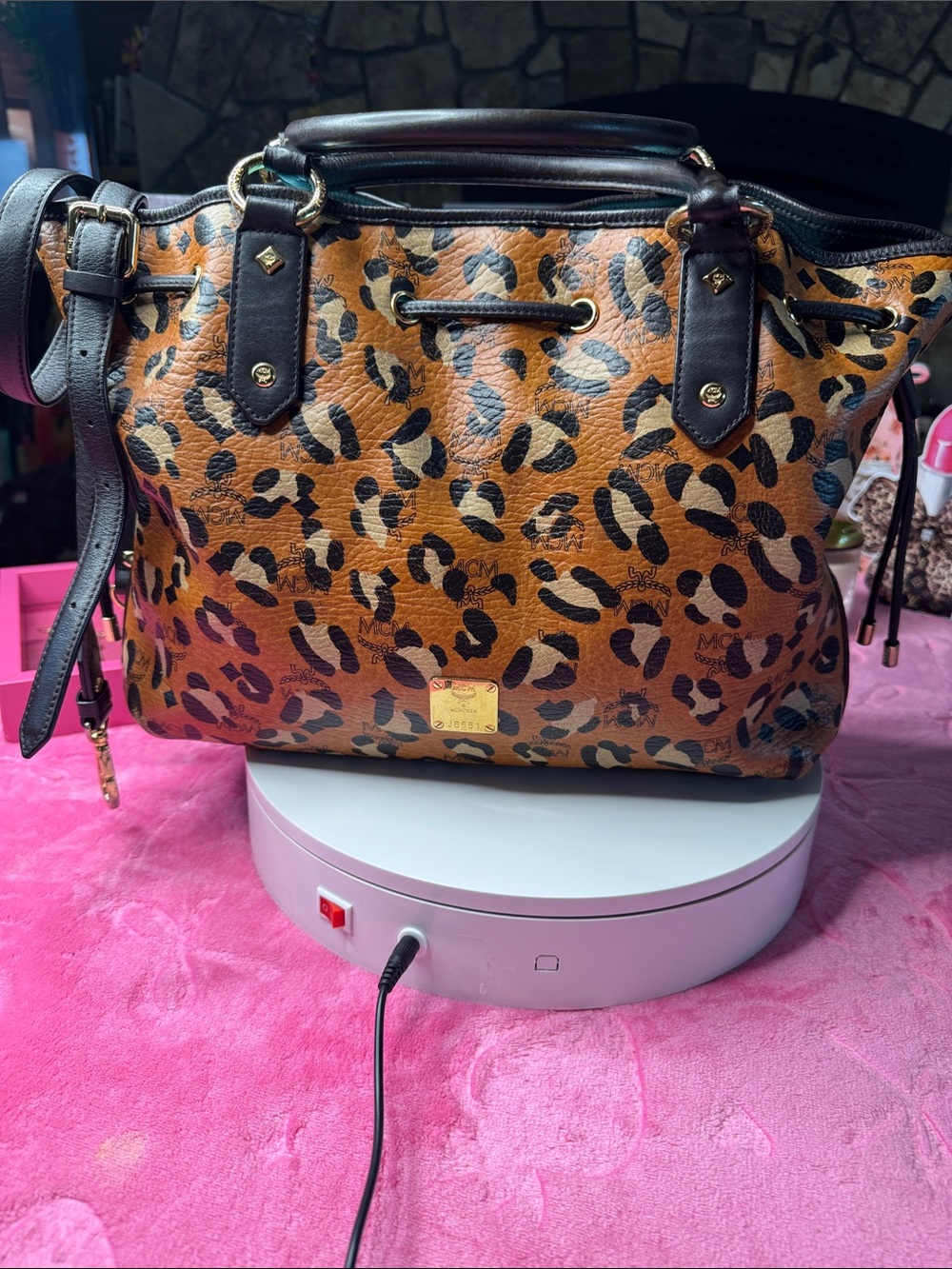 MCM Leopard Print Large Tote Crossbody Gold Hardware Brown Satin Interior